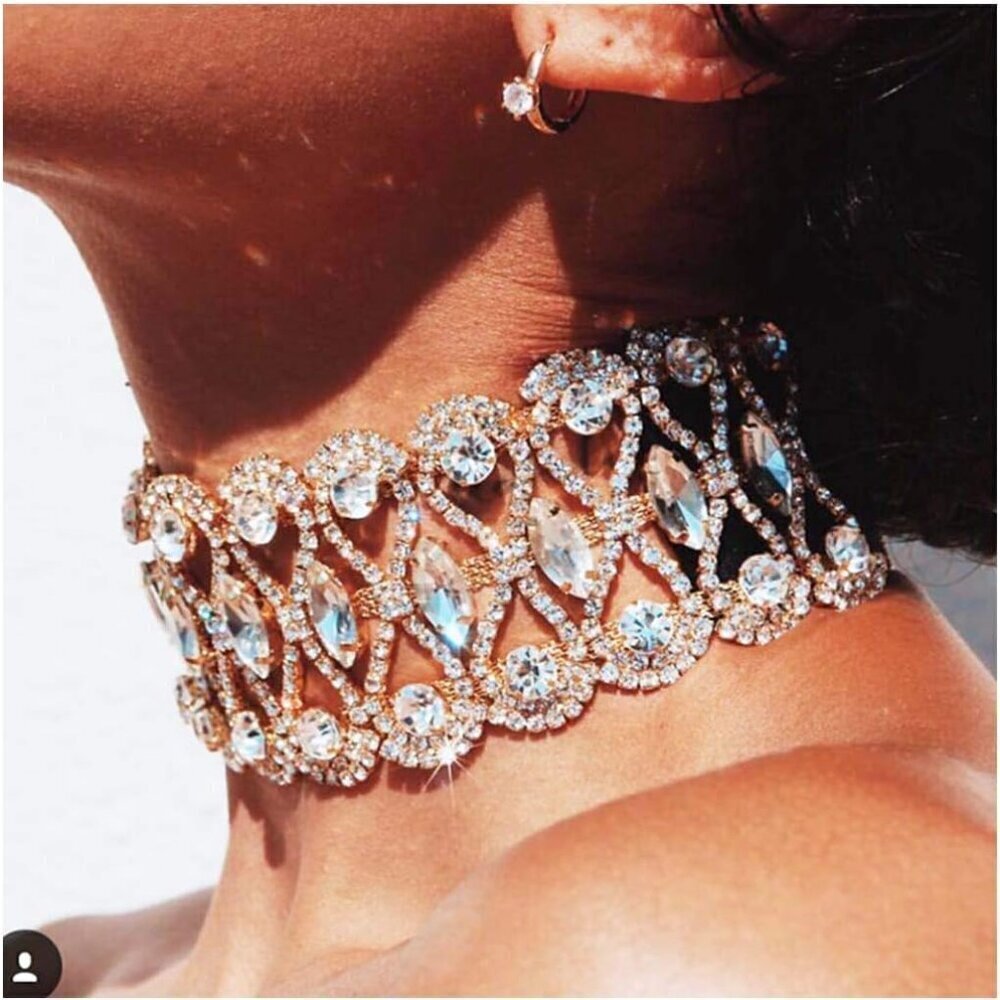 Silver Crystal Choker Necklace Rhinestone Wide Collar Party Rave Jewelry